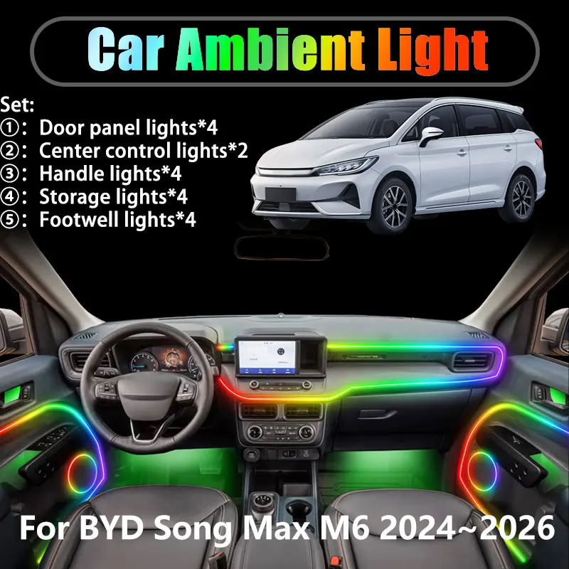 

For BYD Song Max M6 eMax7 2024 2025 2026 2/18 in 1 Car ambient lighting Led trunk interior led lights USB RGB Ensemble Streamer