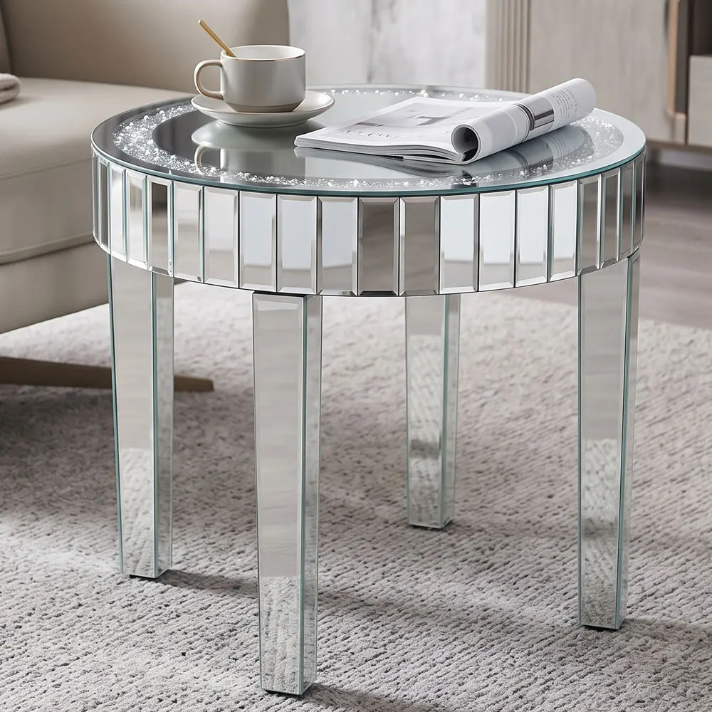 Mirrored Round Coffee Table with Crushed Diamond Inlay, 23.6