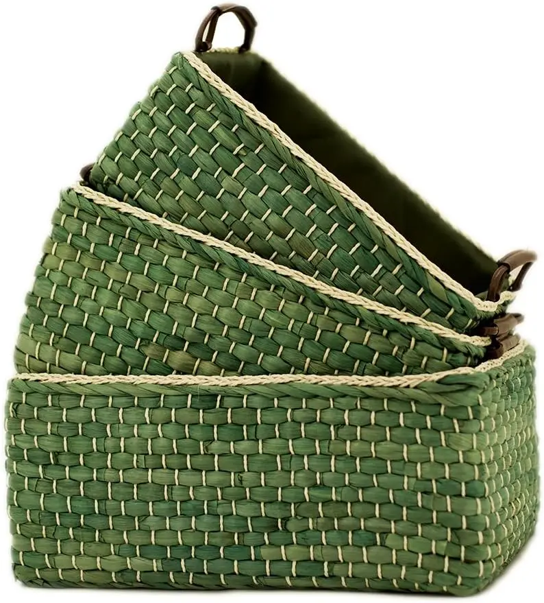 

Handwoven Maize Storage Baskets Set of 3, Stackable Organizer for Home Office (Green Rectangular)