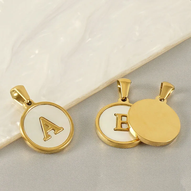 Stainless Steel 18K Gold Plated 26 A-Z Initials Round White Shell Base Pendant for Name Necklace