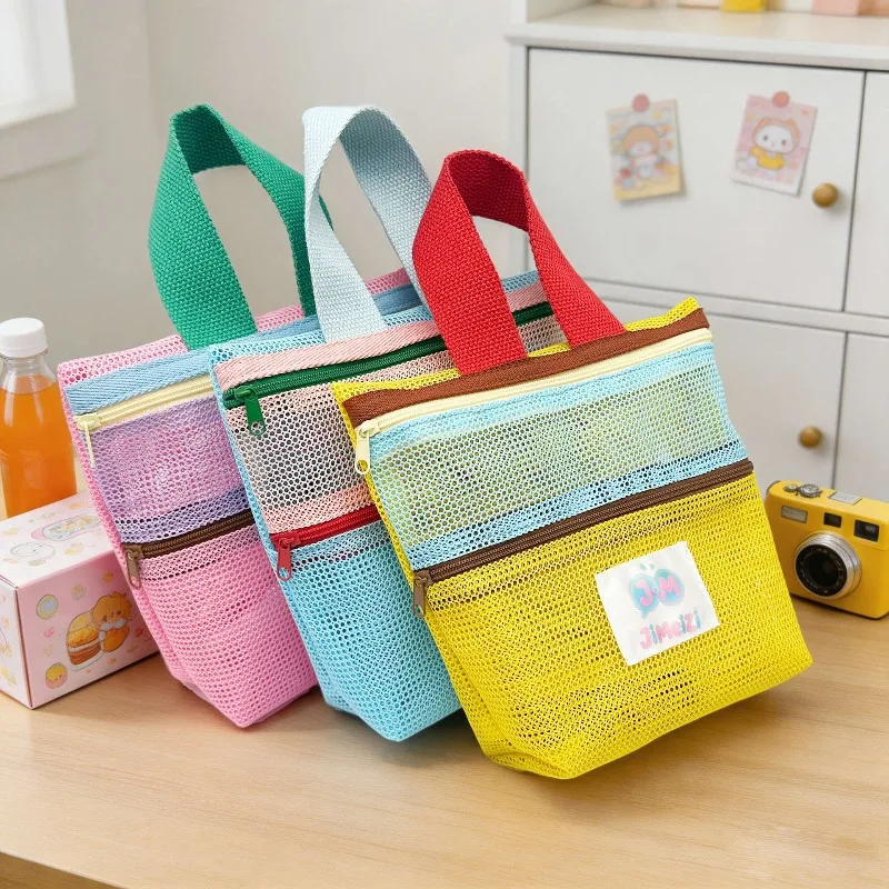 Women's Color-Block Mesh Makeup Bag with Top Handle and Cute Patch Wash Cosmetic Pouch for Daily Travel Essentials Storage