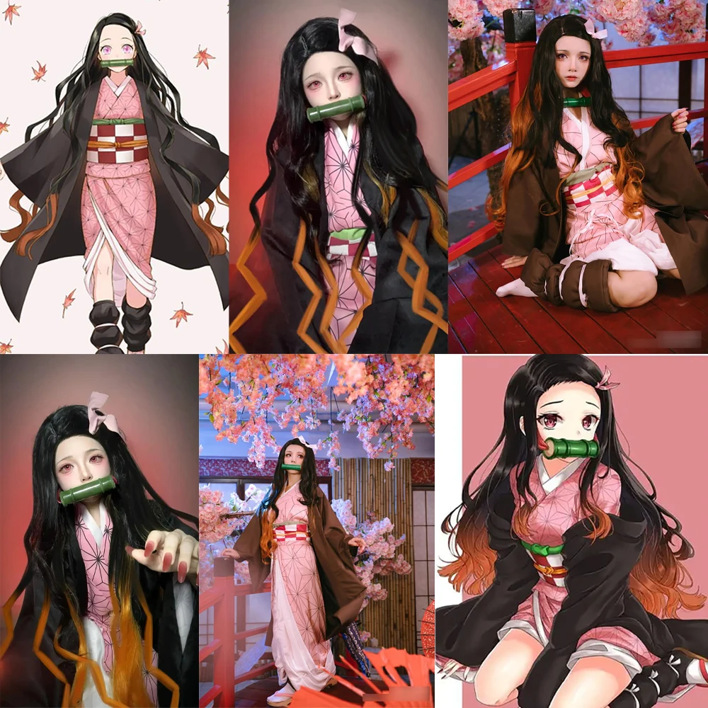 Rambut Komposit Cosplay Anime Demon Slayer Kamado Nezuko Berkualitas Tinggi 32-Inci Rambut Keriting Bergelombang Wig Pesta Harian Natal Halloween
