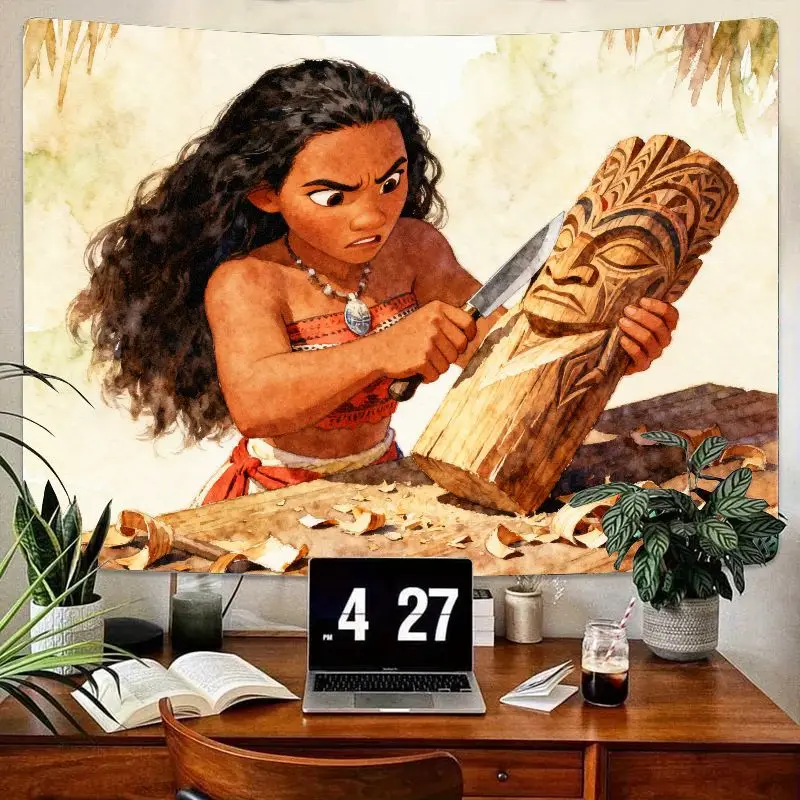 

1 шт. гобелен с резьбой по дереву Disney Moana, настенное искусство принцессы в полинезийском стиле для декора комнаты, современная фреска из полиэстера, подарок для фанатов.