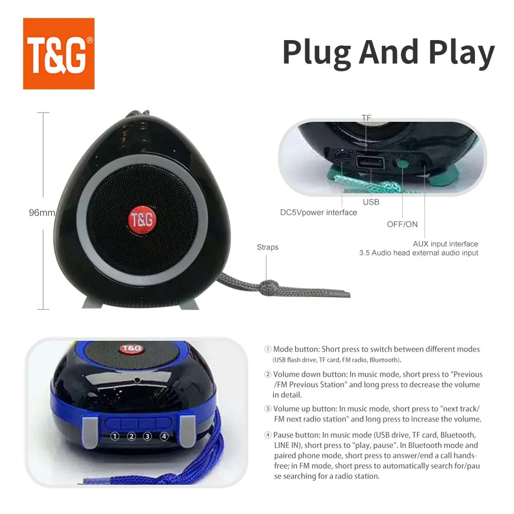 Bluetooth-Lautsprecher T&G TG514 Tragbarer Mini-Wireless-Soundbar-Subwoofer Outdoor-Indoor-Lautsprecher Unterstützt TWS TF-Karte FM-Radio