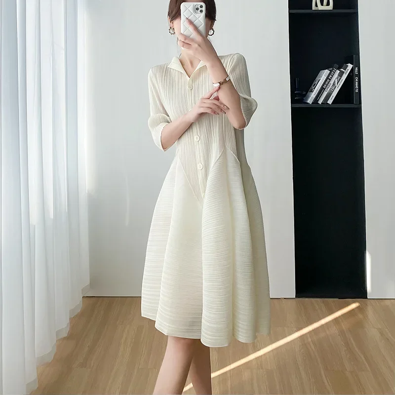 Miyake Pleated Dress Women 2023 Elegant Slim Summer New Casual Mid-length Dresses Women Clothing