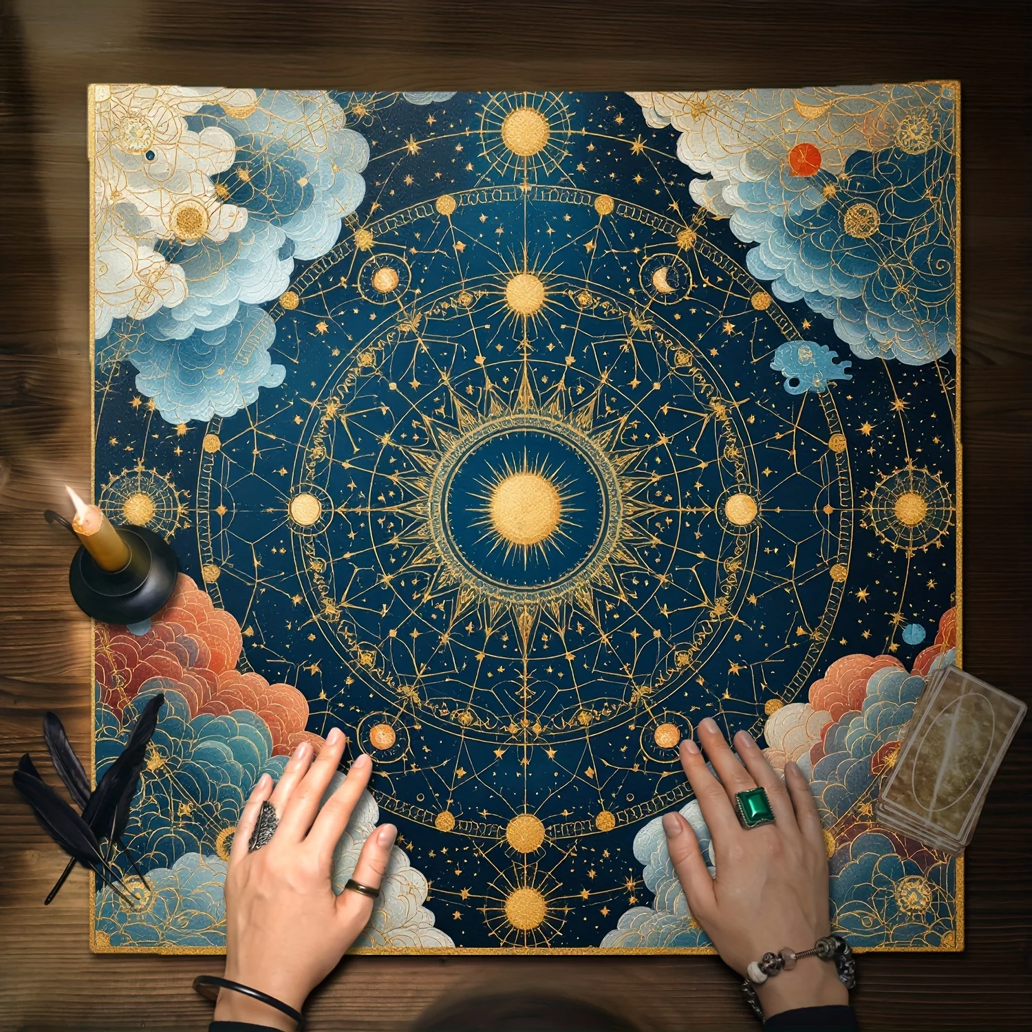 50/75/110/137cm Tarot Tablecloth Deep Blue Gold Starry Zodiac Symbols Astrology Chart Kabbalah Signs Witch Altar Tarot Reading