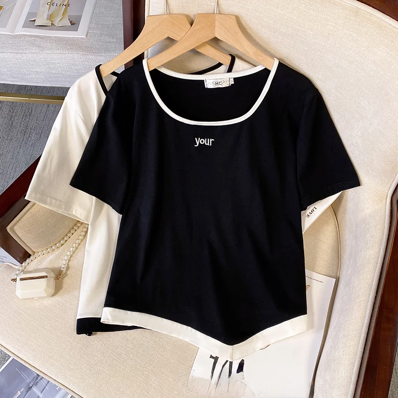 XL-4XL Oversized Splice Color T-shirt Female Summer Minimalist Style Irregular Tops Short-sleeve Embroidery Korean Slim Tshirts