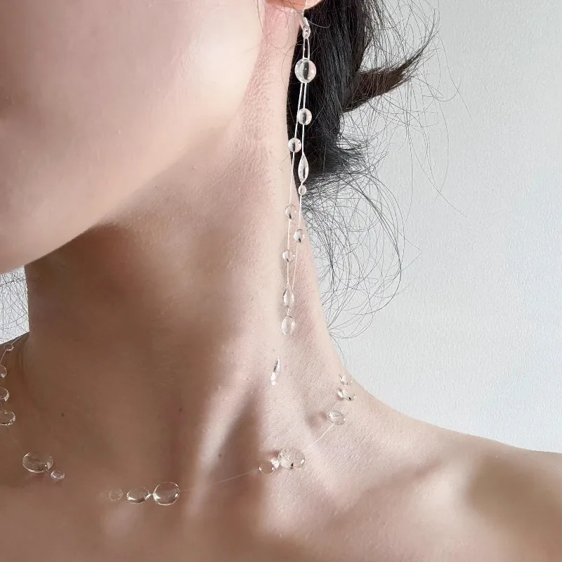 Simple Water Drop Long Tassel Earrings Necklace for Women Fashion Transparent Crystal Bead Earrings Choker Party Jewelry Gift