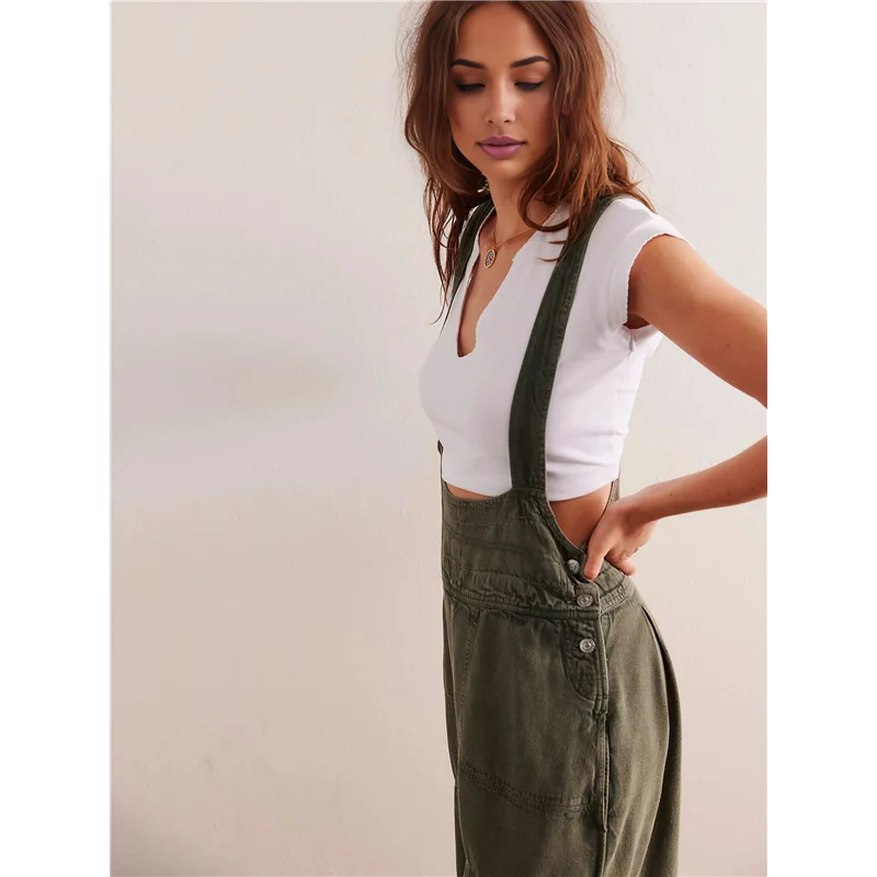 ABP-mono mameluco ajustable de mezclilla sin mangas lateral informal suelto para mujer con bolsillos