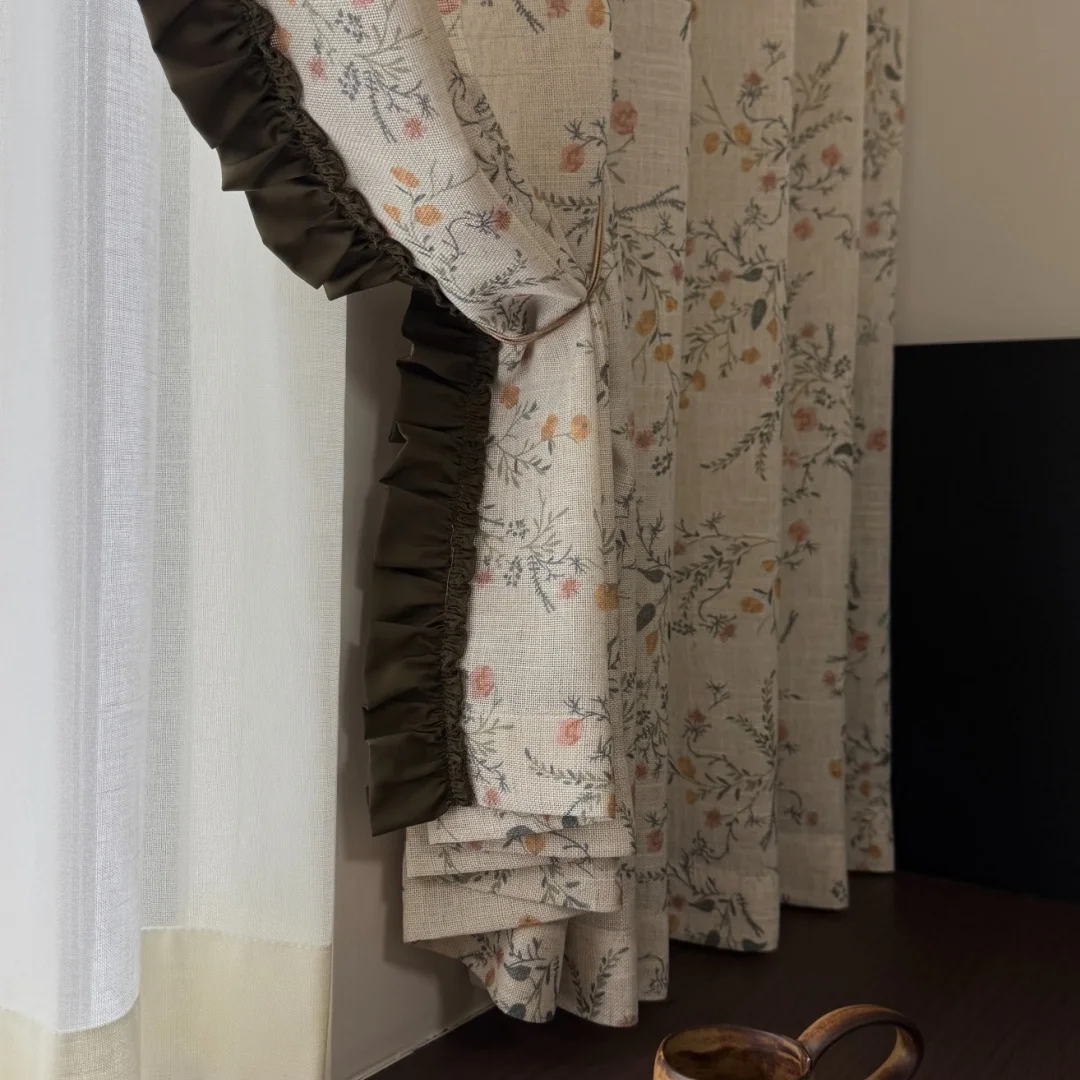 Vintage Floral Linen‑Look Blackout Curtain Dark Brown Ruffle Trim Window Drapes for Bedroom