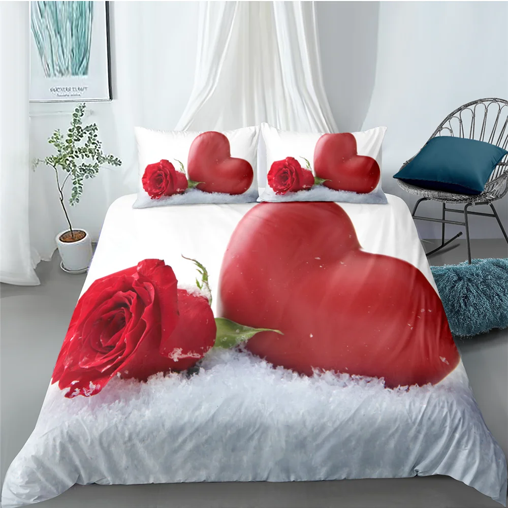 Imagem -02 - Red Rose King Rainha Capa de Edredão Dia dos Namorados Casamento Casal Flor Bedding Conjunto Pcs Amor Coração Floral Poliéster Quilt Capa