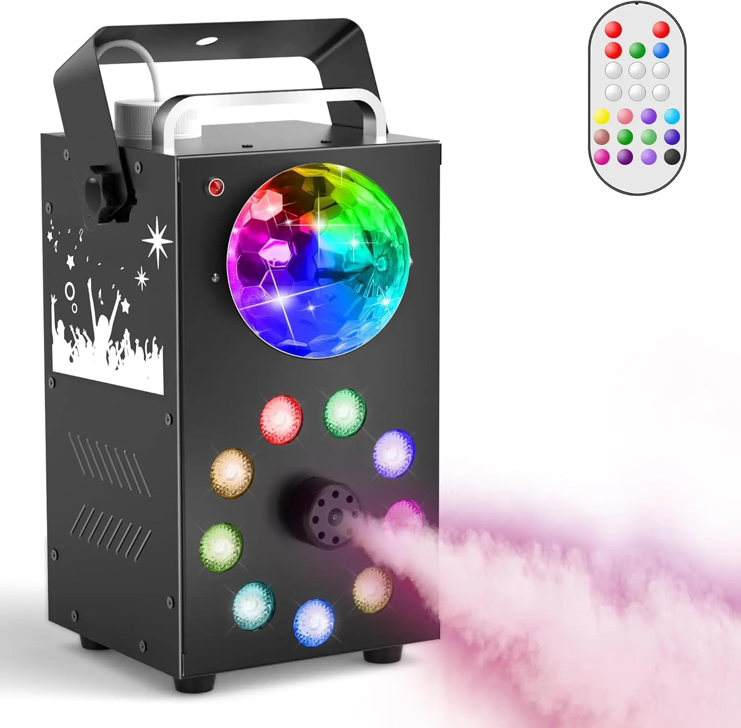 

Fog Machine, 700W Smoke Machine with 3500 CFM Fog, 9 LED Colorful Lights and Disco Ball Light with Auto & Strobe Effect, Hallowe