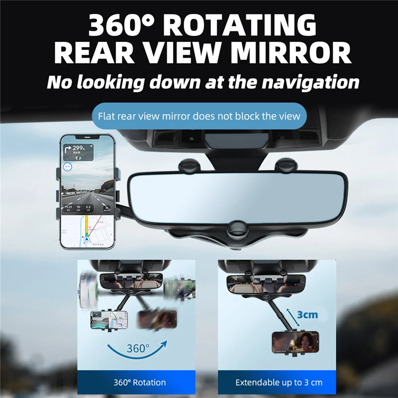 360 Rotatable and Retractable Car Phone Holder Rearview mirrors Car Phone Holder Stable Gripper Smartphone Navigation Bracket