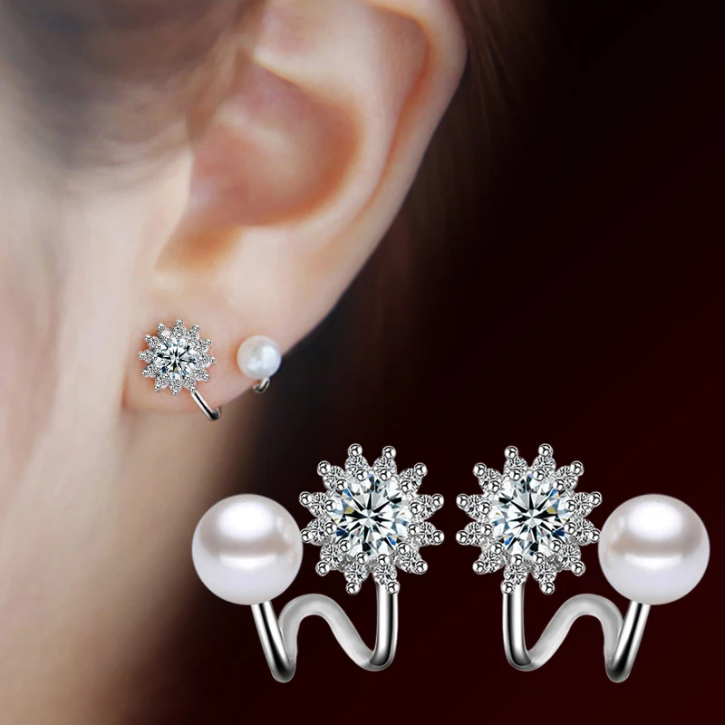 New Fashion 925 Sterling Silver Sun Flower Zircon Stud Earrings Fine Freshwater Pearl Snowflake Clip Ear Stud Women Jewelry Gift