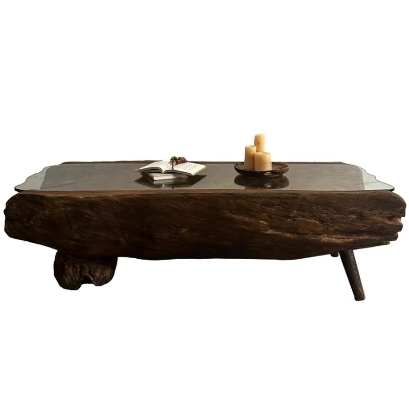 

Wabi Sansan wind all solid wood special-shaped glass tea table living room home solid wood coffee balcony low coffee table