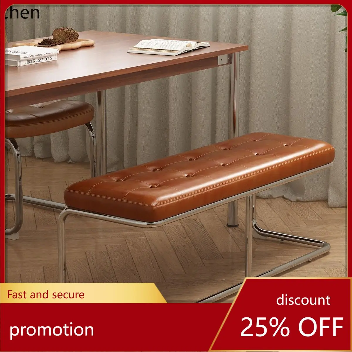 HT Casual Vintage Dining Chair Space-Saving Dining Table Stool Home Shoe Changing Stool Stainless Steel Feel Long Stool