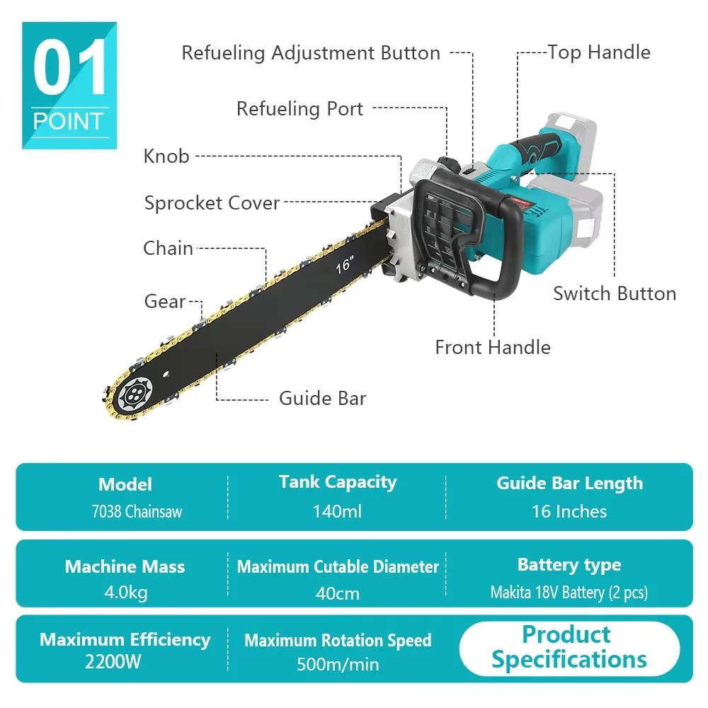 16 Inch Portable Brushless Electric Chainsaw Cordless Chain Saw Wood Cutting Garden Pruning Power Tools with 2pcs Makita Battery