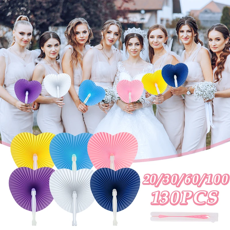 20-130PCS Foldable Paper Fan For Wedding Guests Colorful Handheld Fan Heart-Shaped Blank Paper Fans For Outdoor Party Decoration