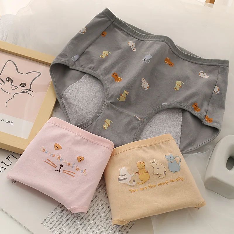 3pcs Cute Cat Print  Girls Menstrual Panties For Teenager Physiological Pants Period Cotton Underwear Culotte Menstruelle