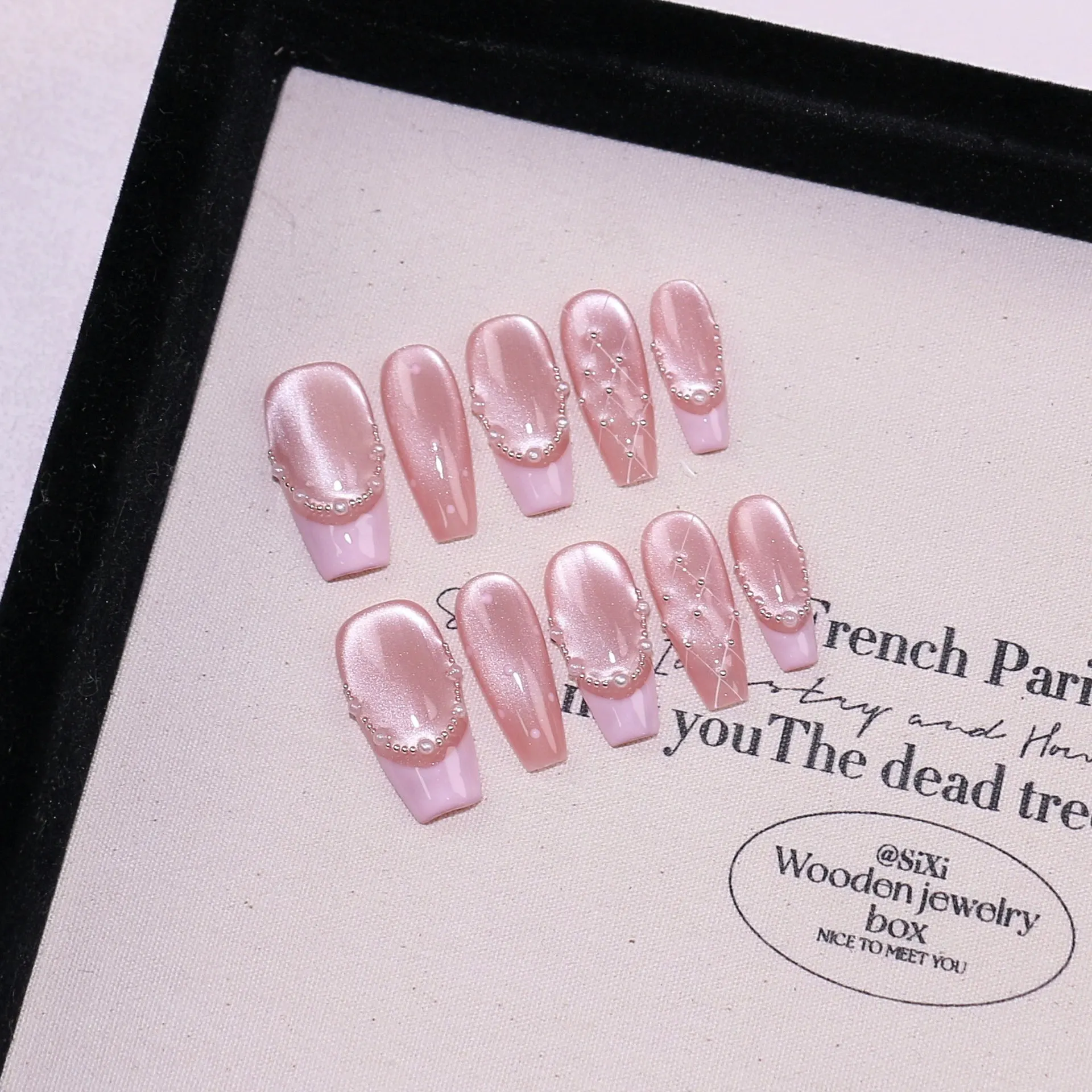 

10pcs Handmade Press on Nails Full Cover Sparkle Cat Eye Pearl Design French Sweet Fake Nails Wearable Nails Art Tips For Girls