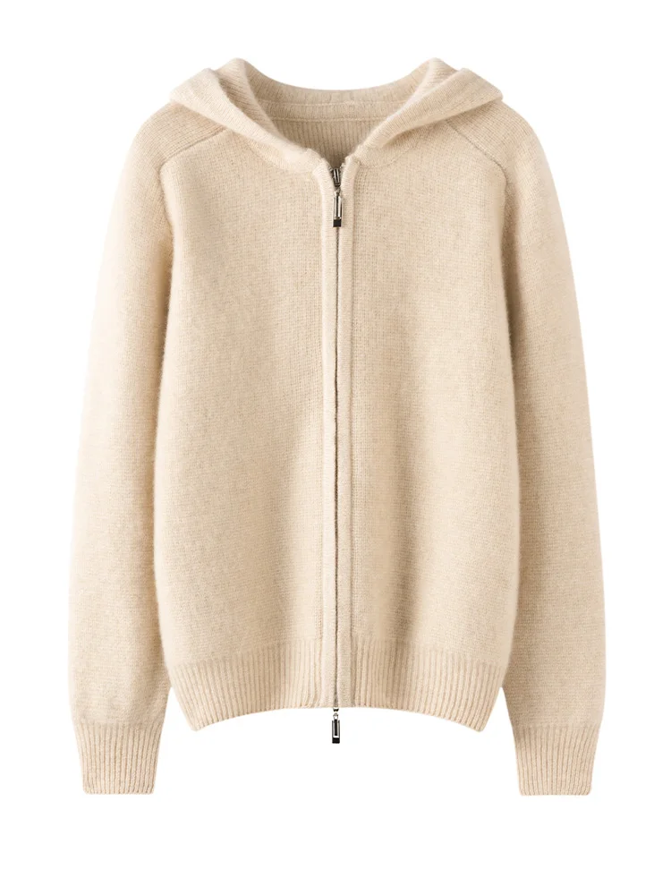 TLOML Nowy Damski Sweter z Kaszmiru 100%, Rozpinany na Zamek z Kapturem, Dzianina Kaszmirowa, Jesień Zima, Miękki, Ciepły, Wysoka Jakość, Gruby Płaszcz