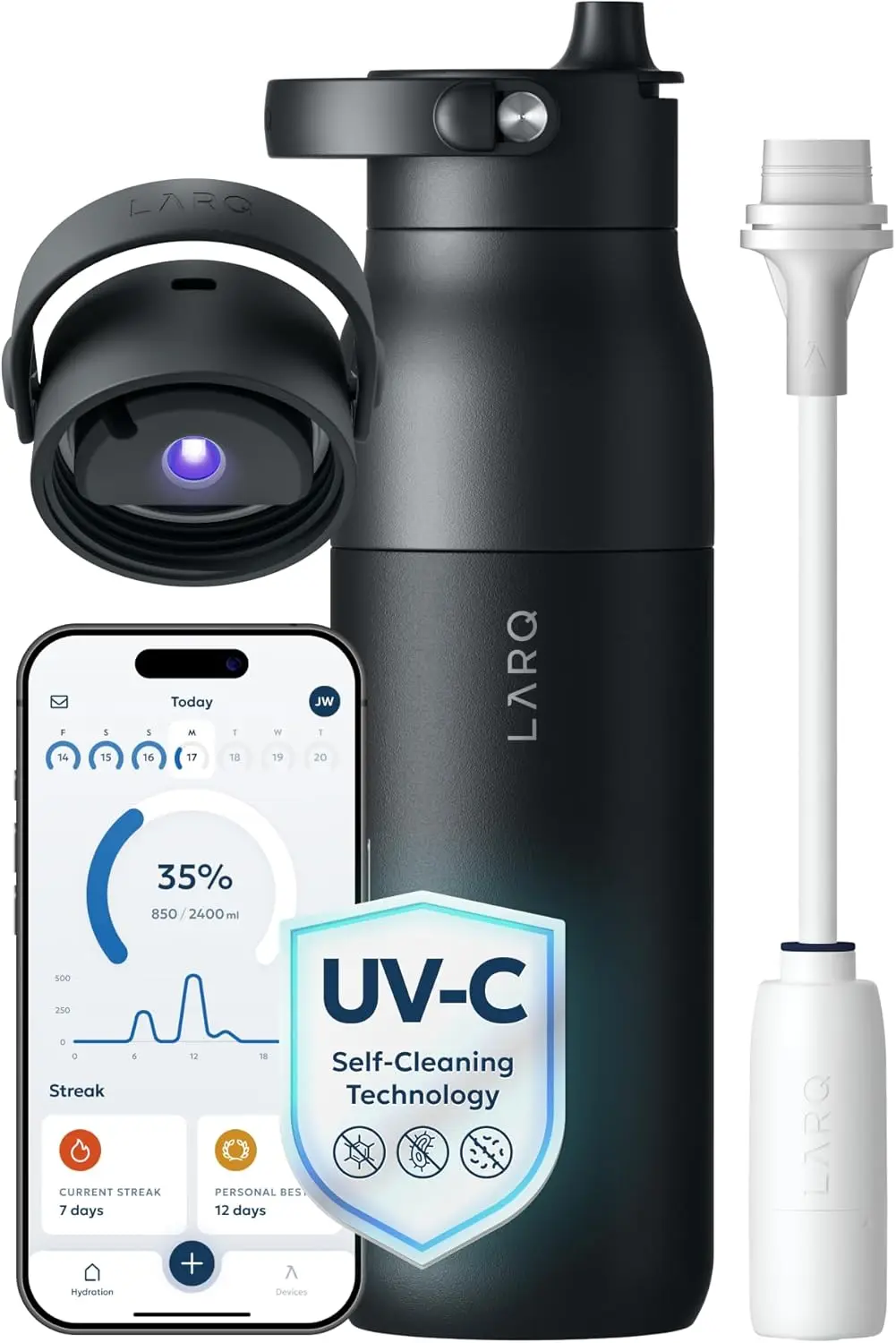 

Self-Cleaning UV Water Bottle with Filter Straw, Insulated Stainless Steel, App Hydration Tracking