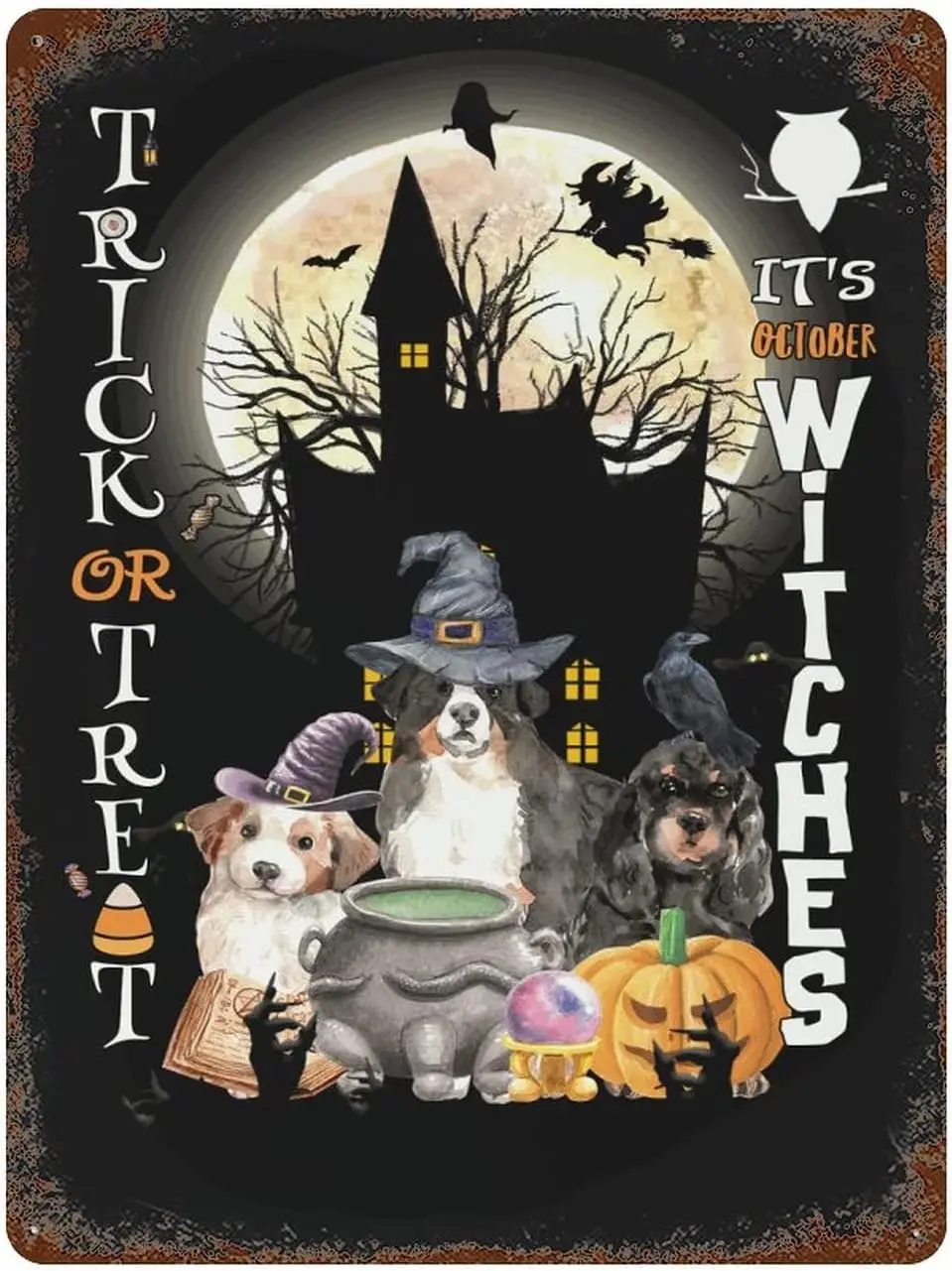 Trick Or Treat Metal Tin Sign Happy Halloween Witch Dog Pumpkin Plaque Funny Signs Wall Decor  Decorati