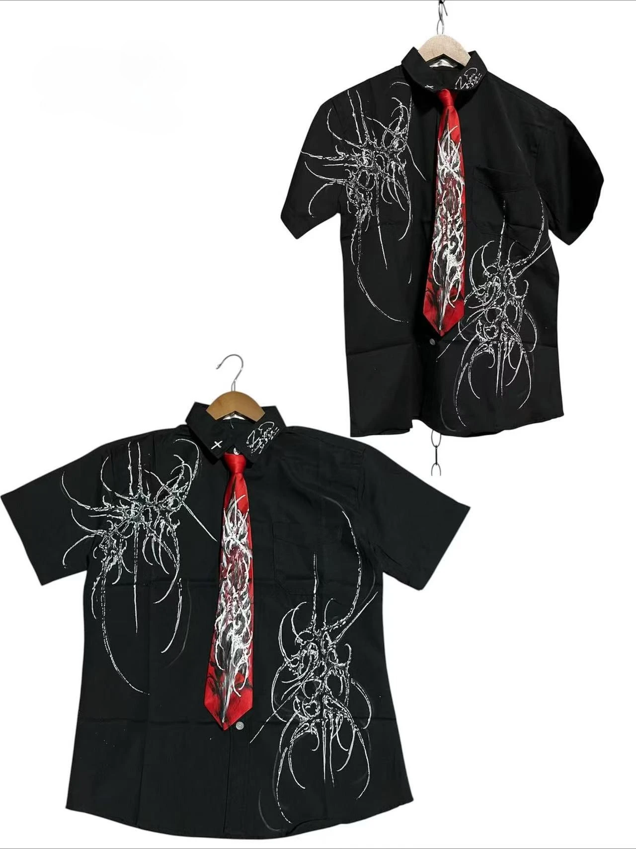 Y2K Dark Gothic Print Shirt with Tie Unisex Harajuku Streetwear Short Sleeve Loose Fit Button Up Casual Top