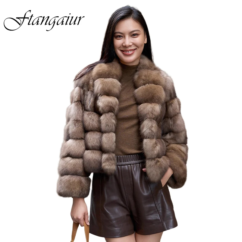 Ftangaiur Winter Import Russian Sable Fur Coat Turn-Down Collar Sable Coat Women Long Sleeve Short Natural Real Sable Fur Coats