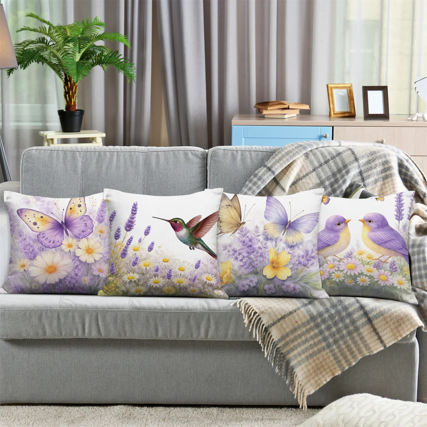 Four-Piece Floral Garden Pillow Covers Set - Butterflies, Hummingbird, and Lavender Meadow Print