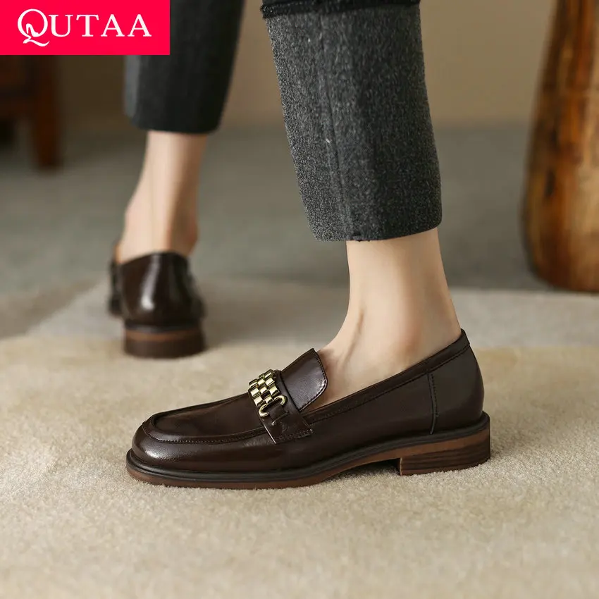 

QUTAA 2023 Concise Women Pumps Metal Genuine Leather Low Heels Working Casual Comfort Shoes Woman Spring Summer Size 34-39