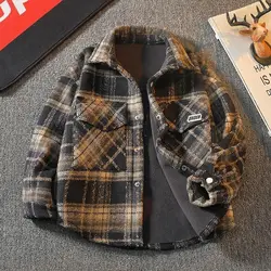 Boys Stylish Shirts Jacket with Integrated Velvet Autumn and Winter Boys Jacket with Winter Plaid Shirt Thickened