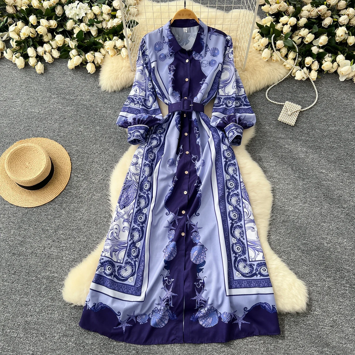 Chic Korean Fashion Print Turn-down Collar Long Lantern Sleeve Single Breasted Slim Dress Vintage Women Evening Autumn Clothing