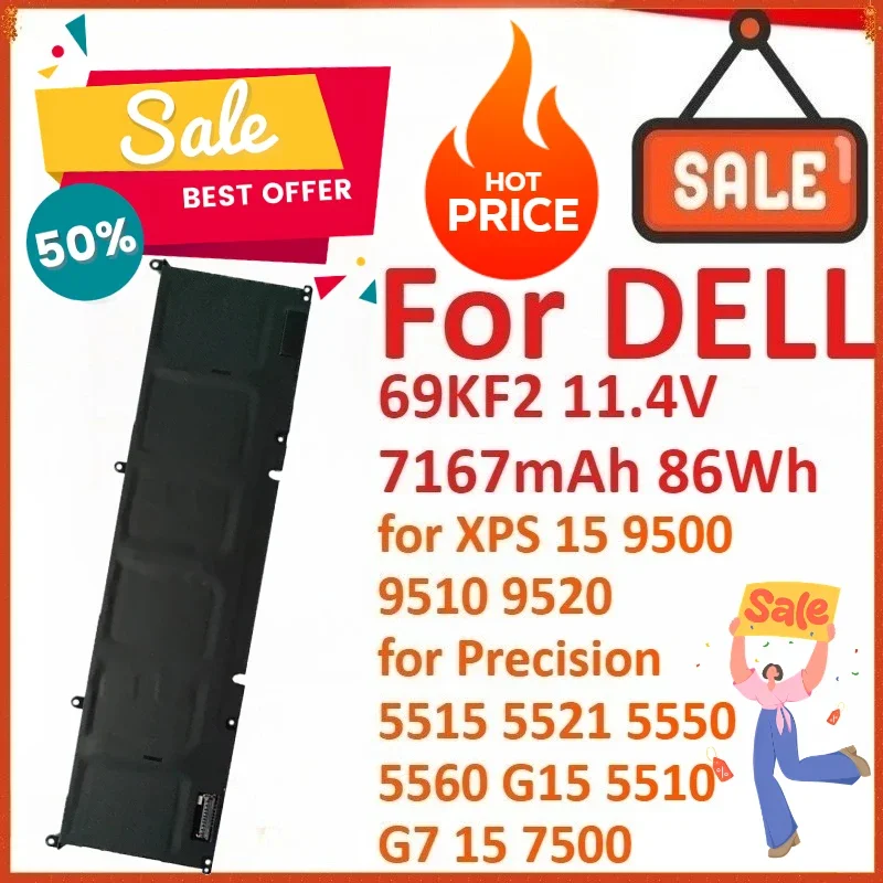 

69KF2 11.4V 7167mAh 86Wh Laptop Battery For DELL XPS 15 9500 9510 9520 For Precision 5515 5521 5550 5560 G15 5510 G7 15 7500