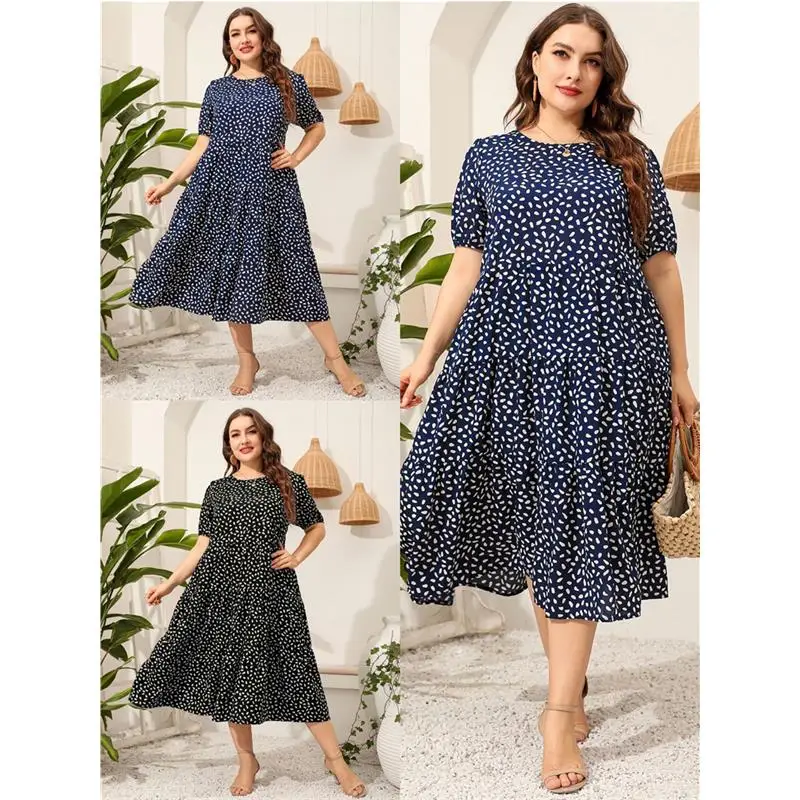 

Летнее платье больших размеров XL5XL Street Sle Свободная посадка трапециевидной формы со средней талией для женщин больших размеров Удобный хлопок