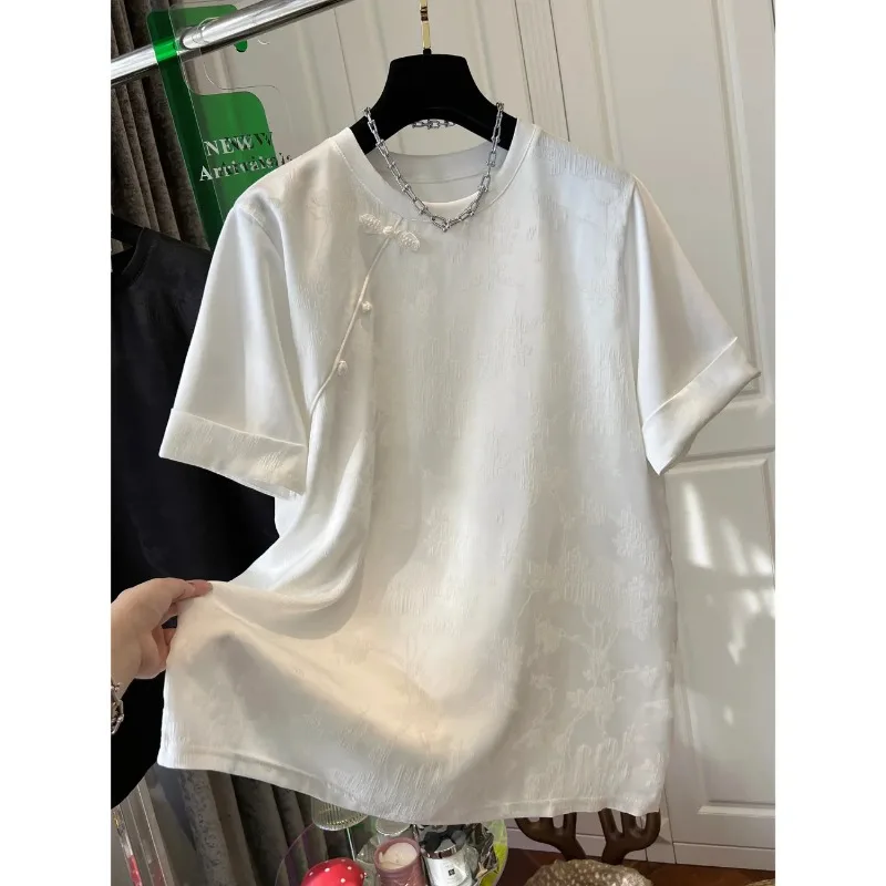 

Women's Chinese Style Jacquard T-shirt Frog Button Short Sleeve Casual Blouse