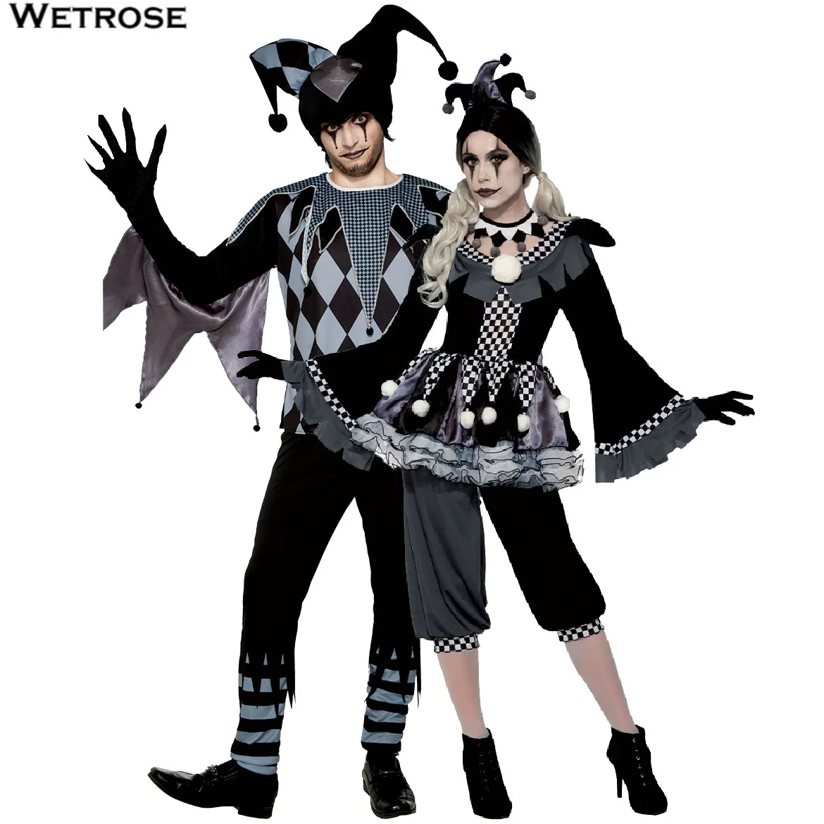 【Wetrose】In Stock Black Clown Cosplay Costume Gothic Joker Droll Man Woman Couple Outfit Circus Halloween Full Set