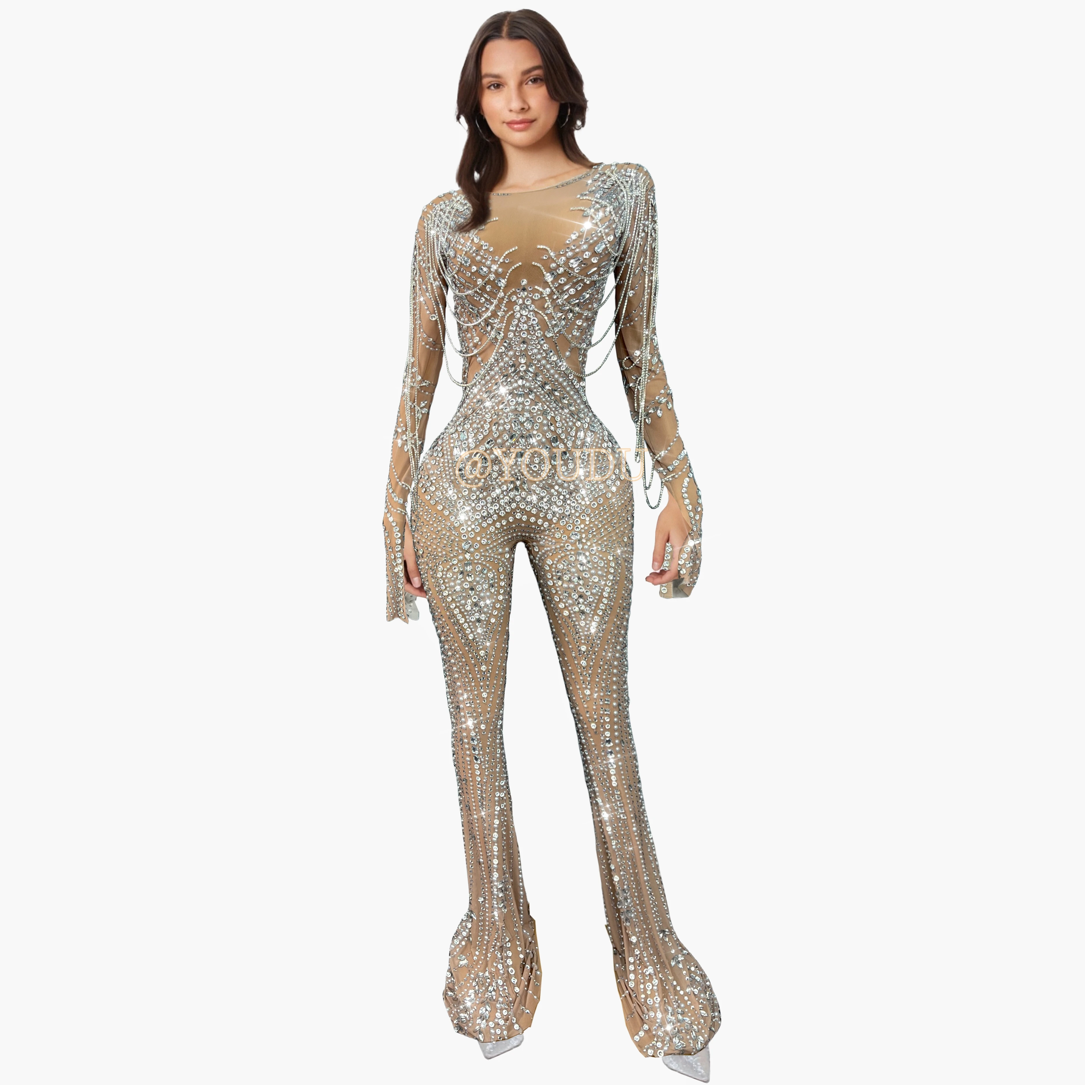 Peleles de manga larga con diamantes de imitación para noche, mono con cadenas de cristales ostentosos, mono elástico brillante Sexy para cumpleaños, Ropa de baile kuotui