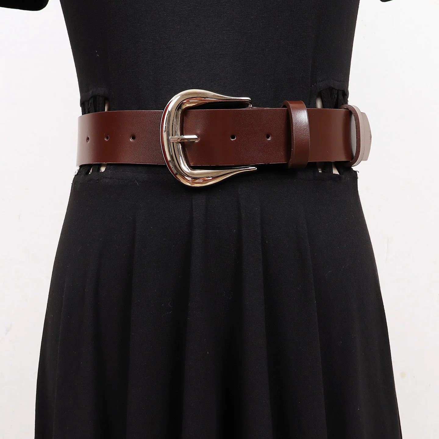 3.7cm Women's Minimalist Premium Classic Square Buckle Cowhide Neutral Wide Belts Ladies Head Layer Cowhide Silver Buckle Belt