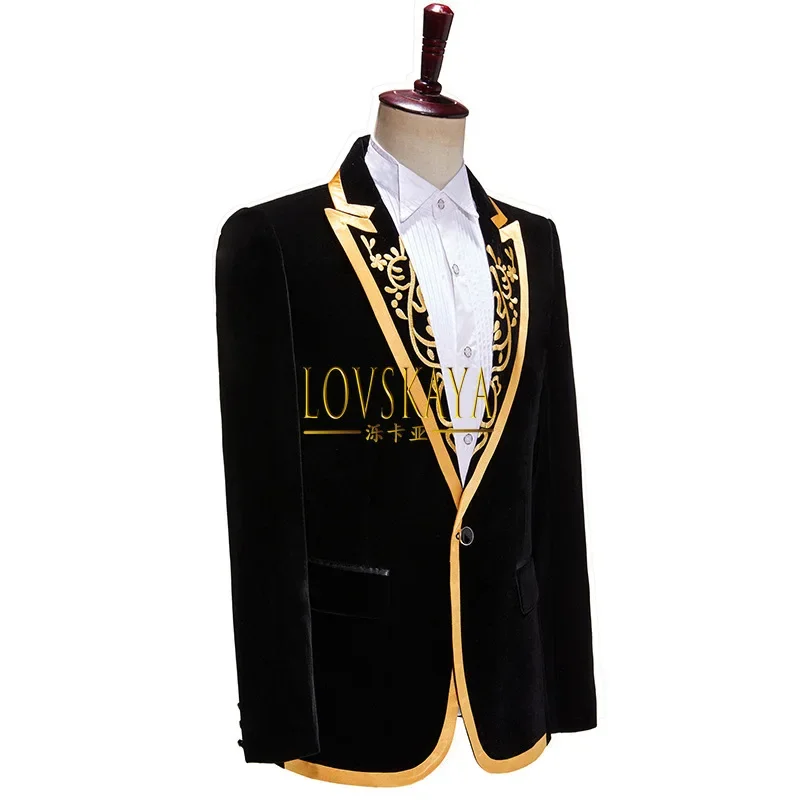 Black velvet suit men's flat velvet embroidered edge lapel collar stage performance host top