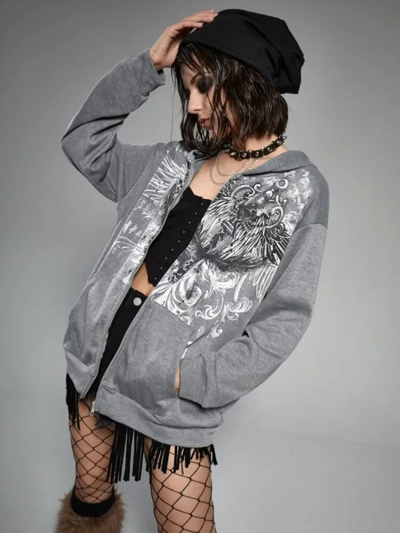 Y2k Casual Vintage Gothic Fashion Print Zip Up Hoodies Streetwear Hip Hop Harajuku Coats Loose Hooded Sweatshirt Women Kpop