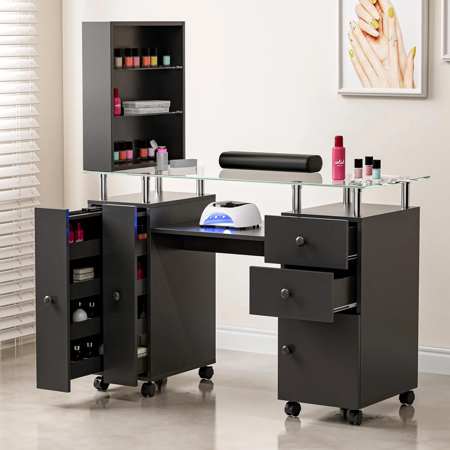 Manicure Table Nail Desk for Technician, Acetone Resistant Nail Tech Table Nail Table Station w/Glass Desktop, Wrist