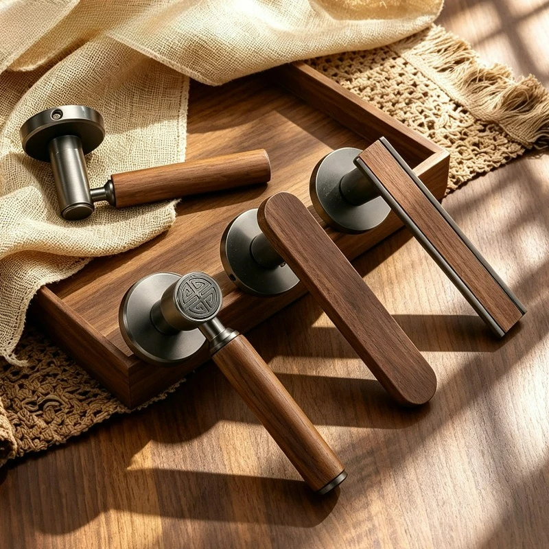 

French Minimalist Interior Bedroom Door Lock Universal Silent Split Door Lock Retro Walnut Wood Door Handle Lock