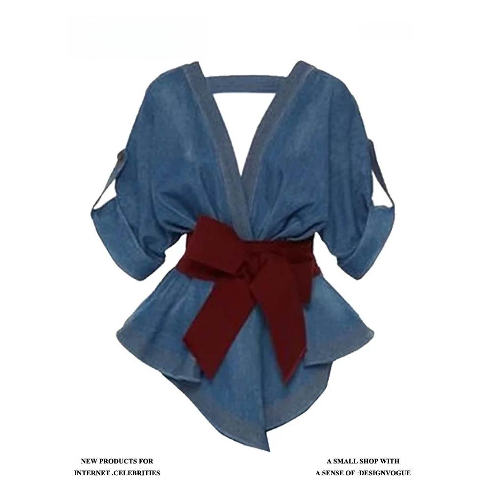 

Джинсовая рубашка для похудения с эффектом утяжки талии, высокое качество, элегантный французский стиль, с вырезами, облегающий крой, новинка Весна 2025