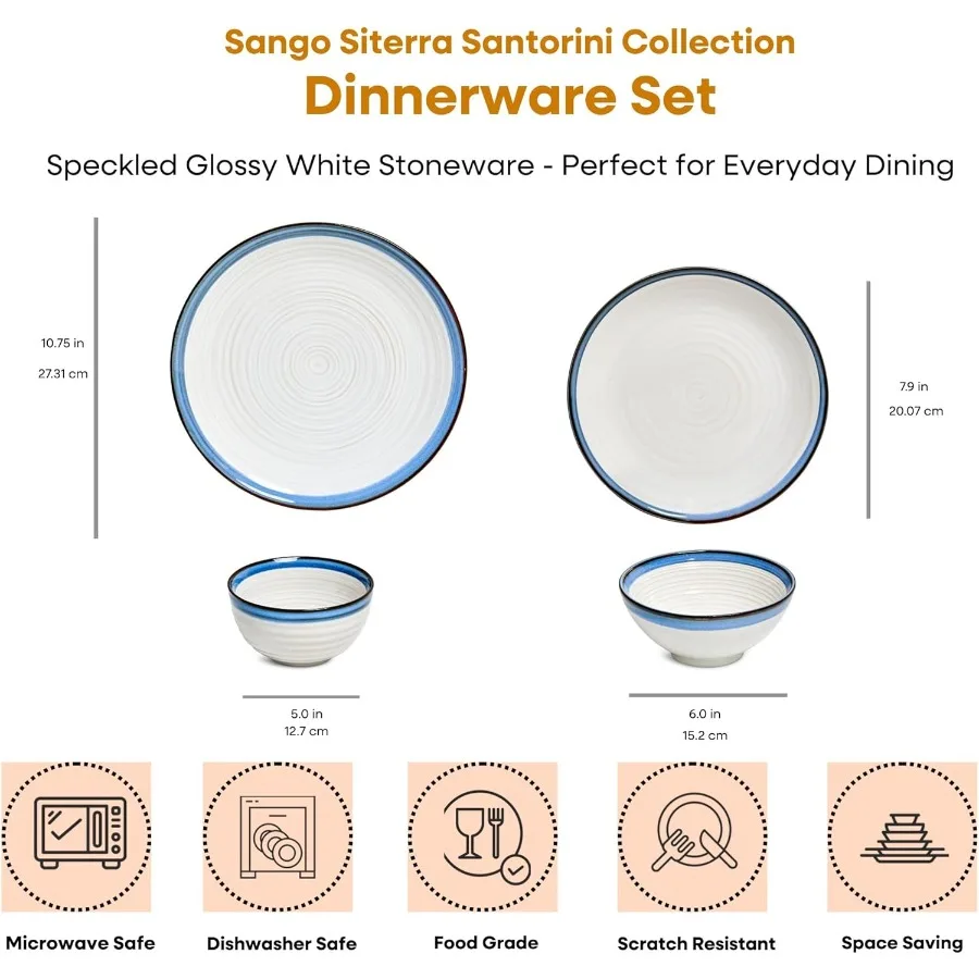 Conjunto de louça de grés Siterra de 16 peças para 4 conjuntos de pratos e tigelas brancas de cerâmica com borda azul resistente a lascas de esmalte reativo