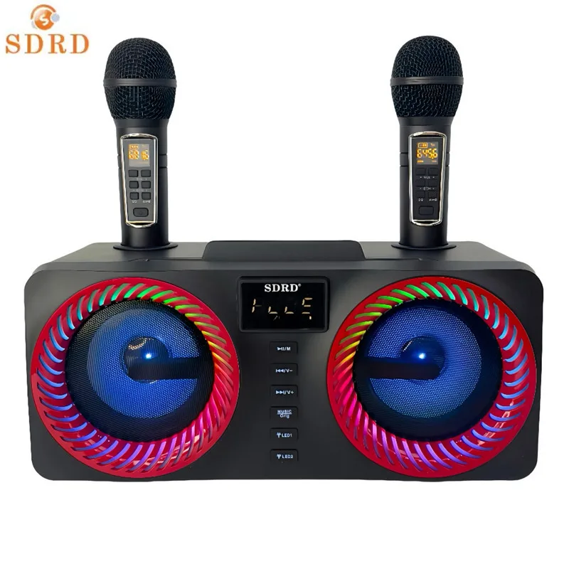 Karaoke Machine 2 UHF Wireless Microphone Dj Party Speaker Portable Bluetooth Singing PA Speaker System with LED Lights for Home