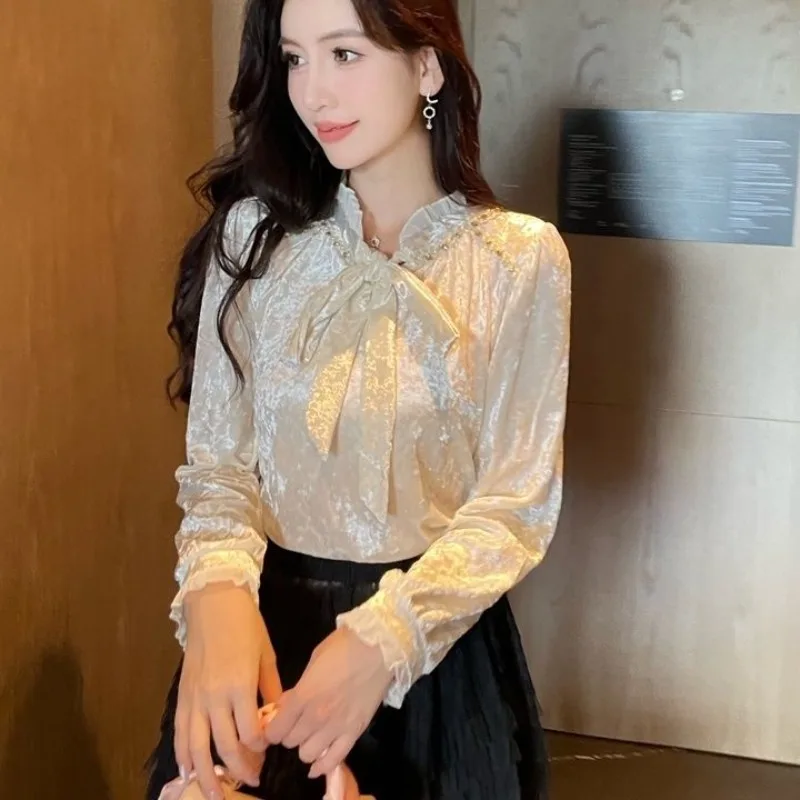 

Pearl Lace Splicing Female Tops Elegant Chic Aesthetic Streetwear Fine Tunic 2025 Youth Tall Vintage Women's Shirt and Blouse