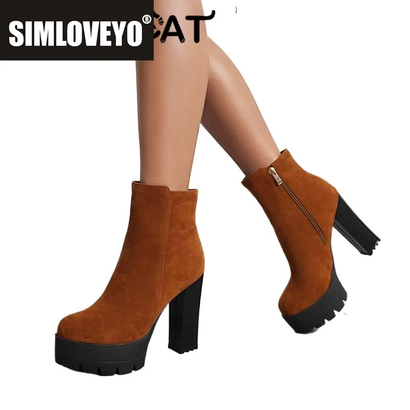 

SIMLOVEYO классические короткие ботильоны с круглым носком на высоком каблуке 12 см, платформа 4 см, флоковая замша, большой размер 43, сексуальные повседневные ботинки