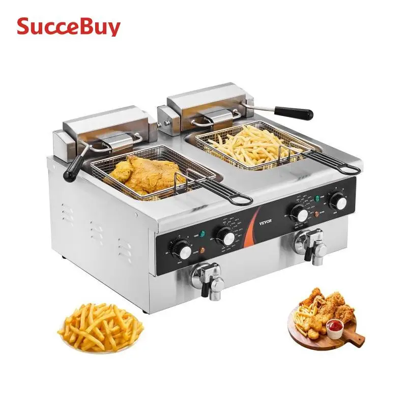 VEVOR kommerzielle Fritteuse elektrische Aufsatzfritteuse, Doppeltank 3000 W x 2, 5,9 L Doppel-Öl-Fritteuse mit 2 Körben verdickter Edelstahl, Zeit- & Temperaturregelung, für Küche Restaurant Café