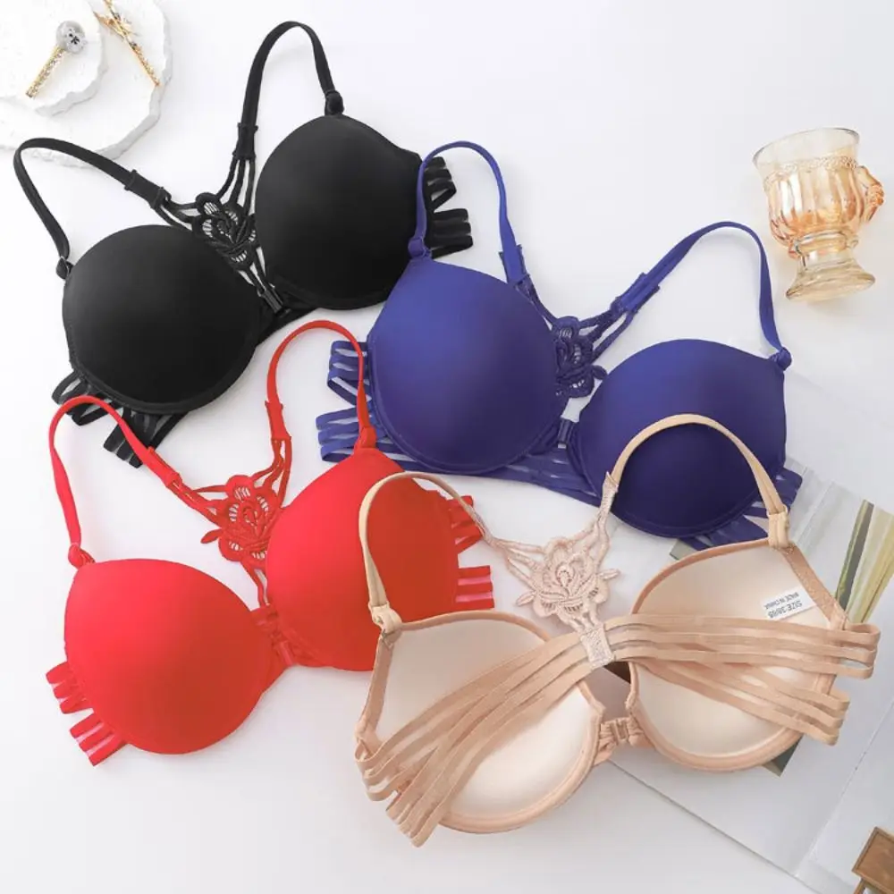 

Sweet Front Button Lace Bra Women Beautiful Back Flower Seamless Bra Underwear Intimates Wireless Deep V Bra Girl